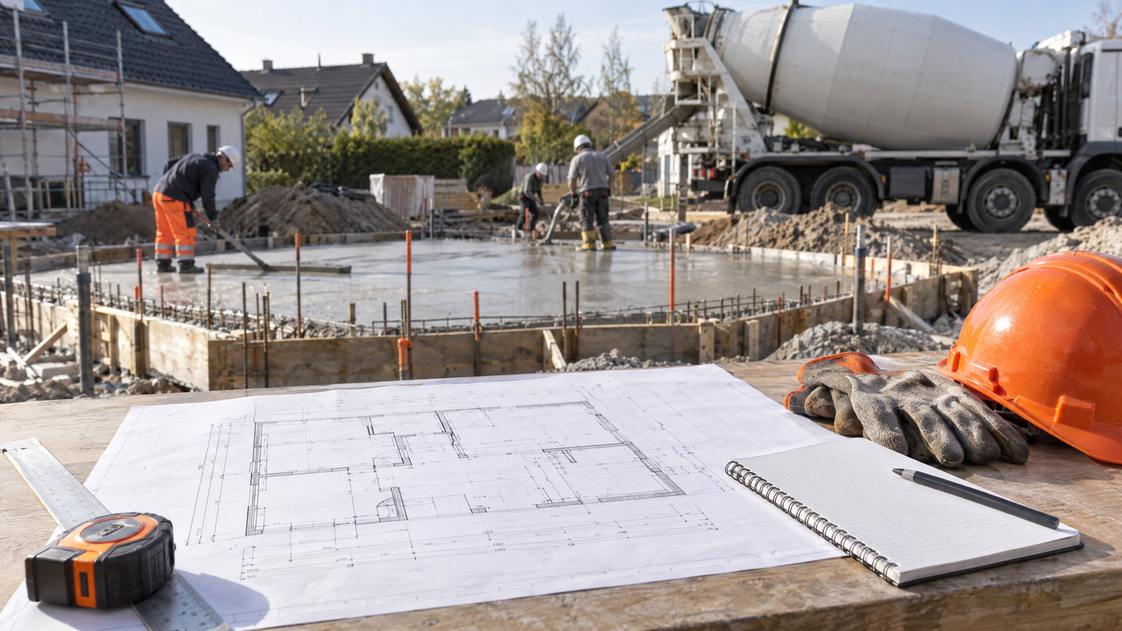 Illustration: Betonbestellung mit Bauplan und Fahrmischer