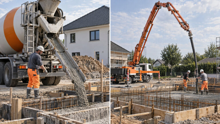Illustration: Direktrutsche am Fahrmischer und Betonpumpe im Vergleich