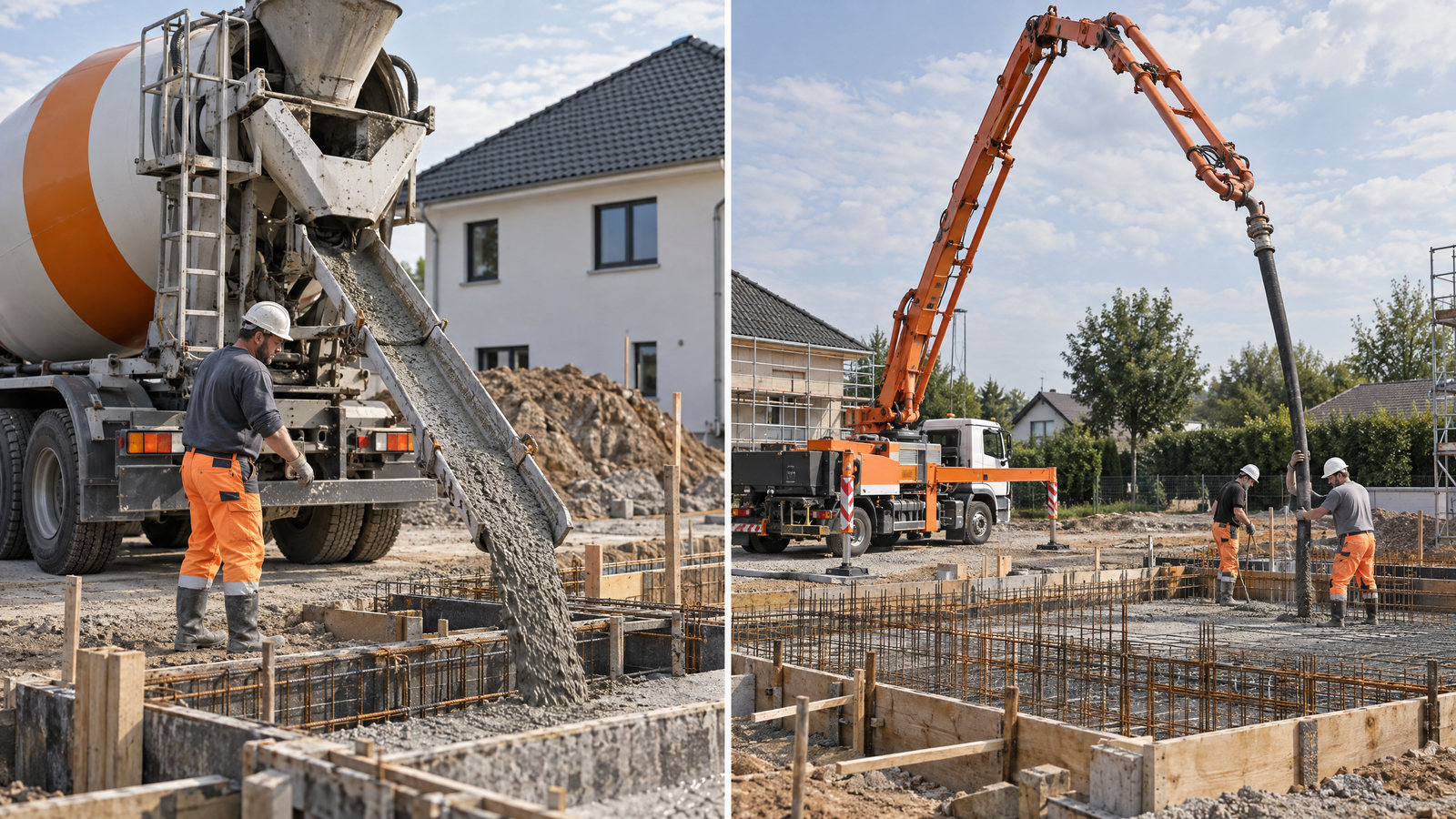 Illustration: Fahrmischerrutsche und Autobetonpumpe im Vergleich