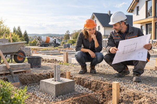 Illustration: Bauherrin und Fachmann besprechen ein kleines Betonfundament auf der Baustelle
