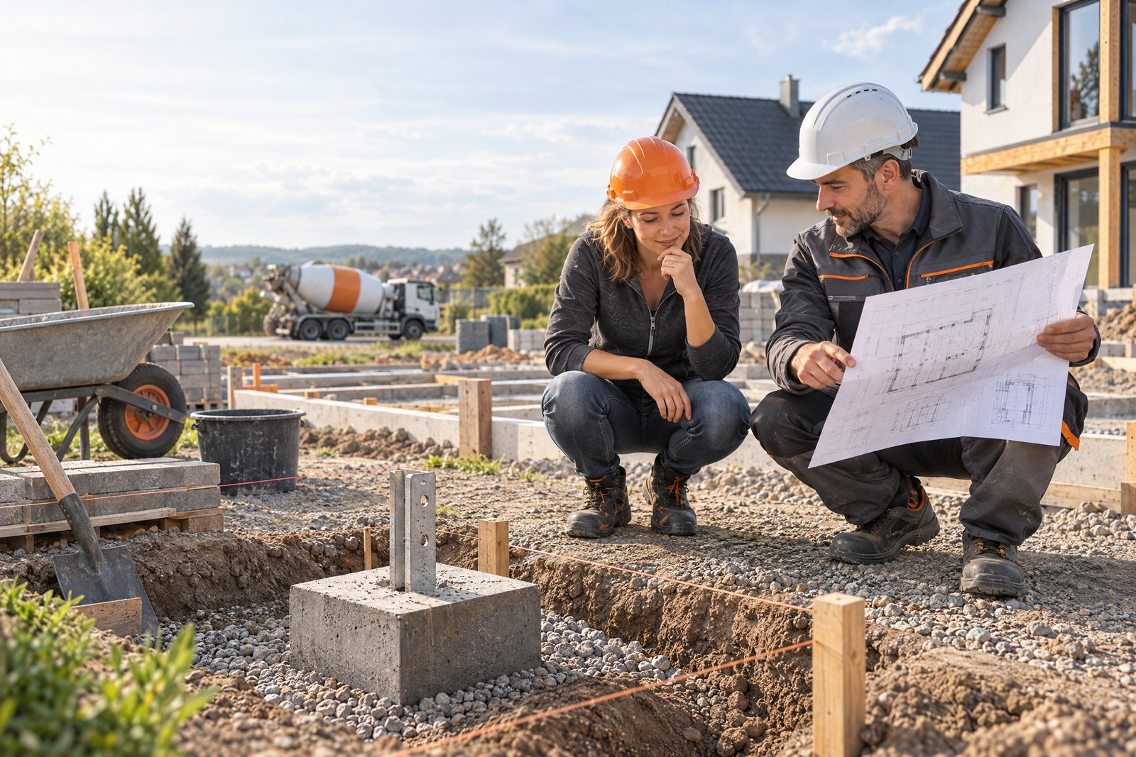 Illustration: Bauherrin und Fachmann besprechen ein kleines Betonfundament auf der Baustelle